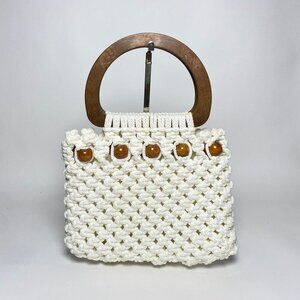 Vintage Handmade Crochet Handbag Double Wooden Handles Brown Beads Boho